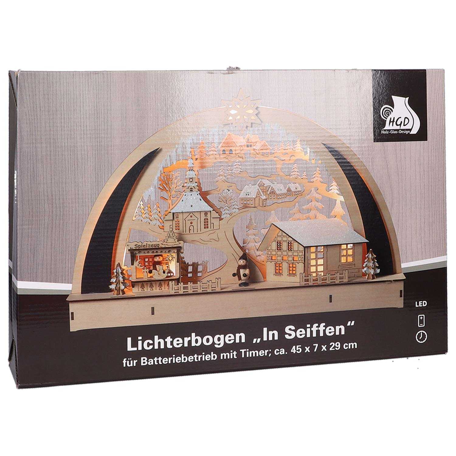 Schwibbogen in Seiffen aus Holz mit 7 LEDs & Timer warmweiß 45 x 7 x 29 cm