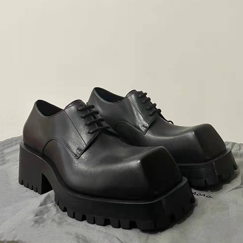 Malnia Home - Platform Vierkante Teen Veterschoenen van Echt Leer