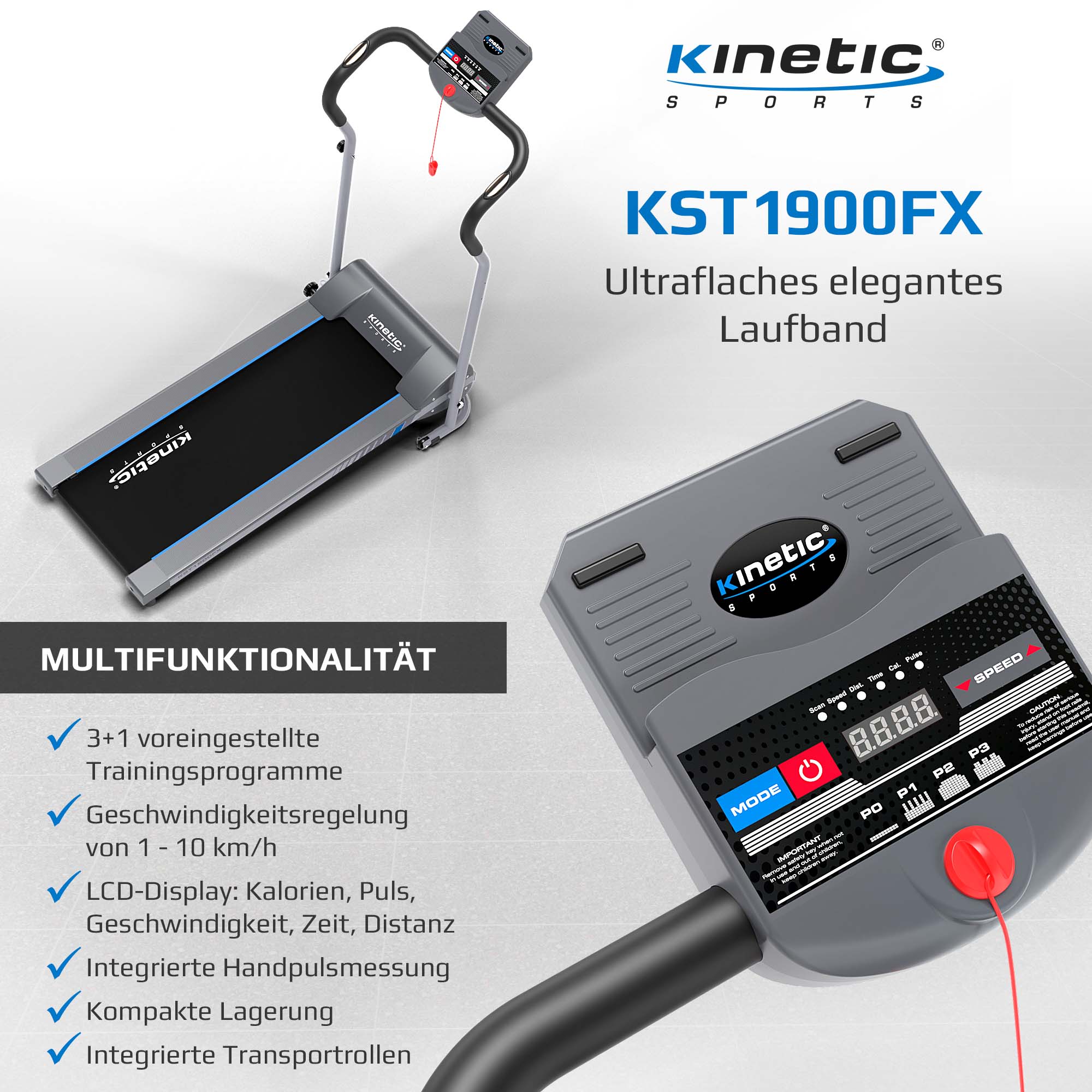 KINETIC SPORTS Laufband klappbar KST1900FX mit 750 Watt Elektromotor, LCD-Display, Trainingscomputer mit 3 Programmen, Geh- und Lauftraining, stufenlos einstellbar bis 10 km/h, kompakt verstaubar