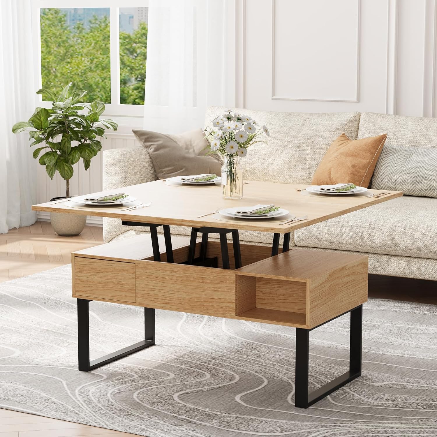 VOWNER Couchtisch Höhenverstellbar, 3-in-1-Multifunktions-Wohnzimmertisch mit 2 Schubladen & Versteckter Aufbewahrung, Als Esstisch Nutzbar, für Wohnzimmer, Büro (Holzfarbe)