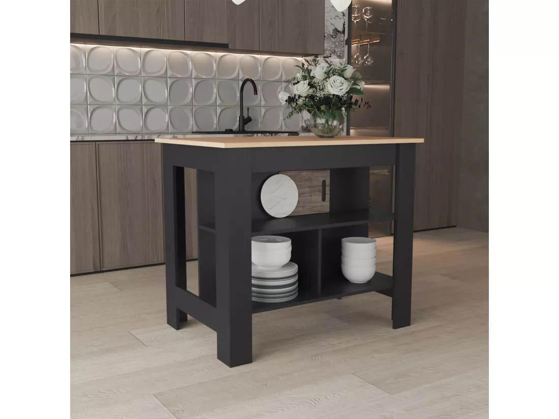 Ilot de cuisine Cala en mélamine avec 3 étagères , Rovere / Black , 90 cm X 103 cm X 70 cm