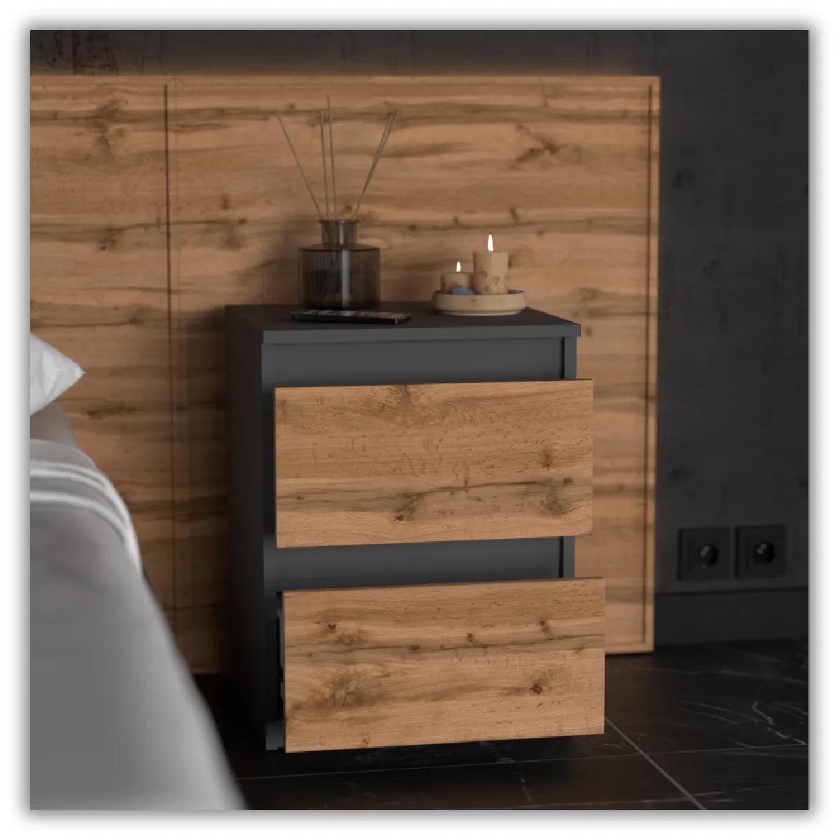 Table de Chevet Gris/Wotan - 2 Tiroirs - 40 cm