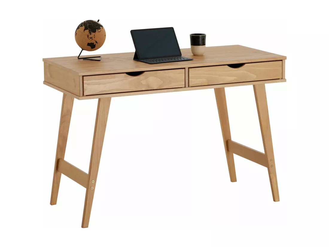 Bureau MILO en pin massif lasuré brun avec 2 tiroirs de rangement