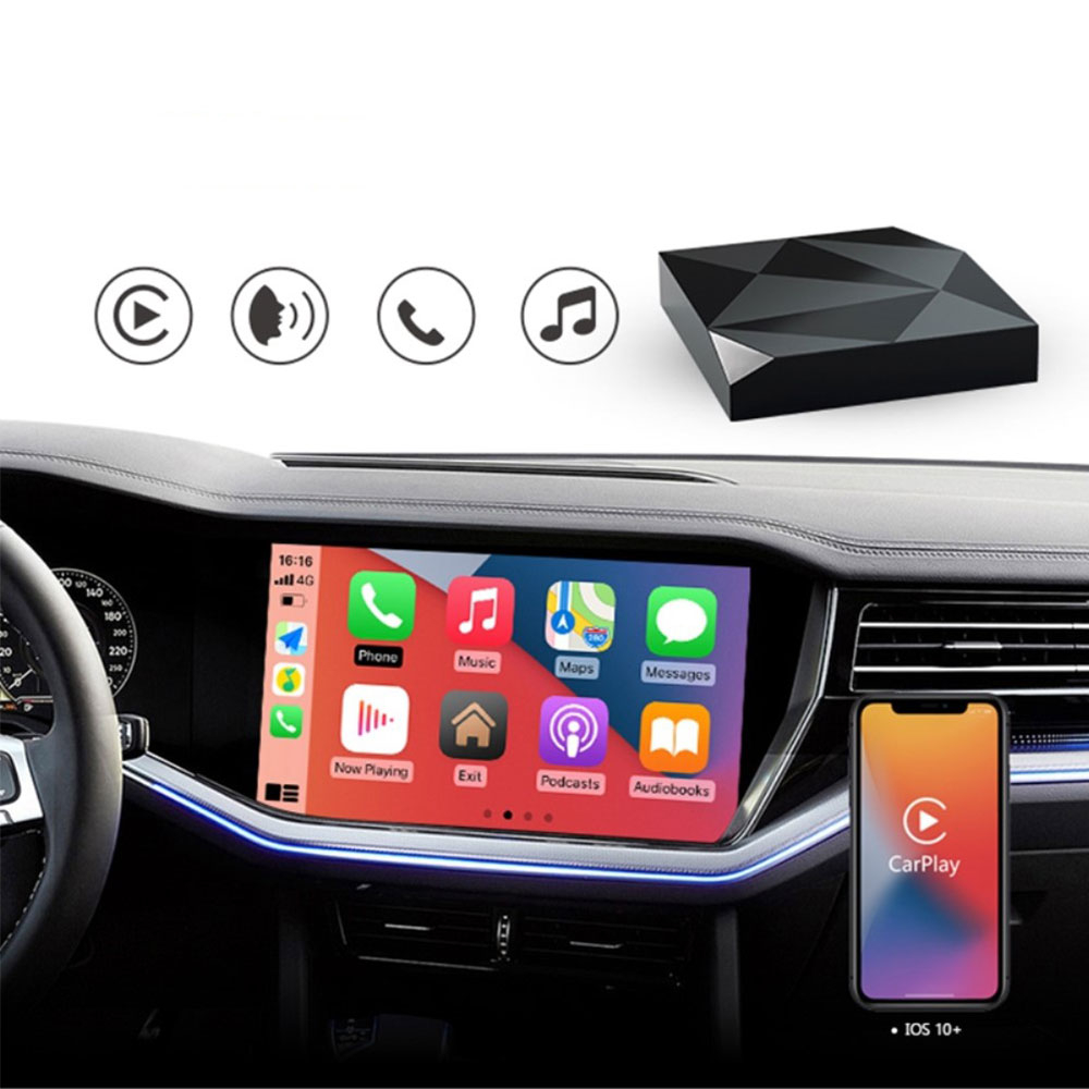 Bluetooth Apple Carplay Auto KFZ Adapter mit USB A und USB-C Verbindungskabel für Apple iOS Smartphones (Siri) - Schwarz
