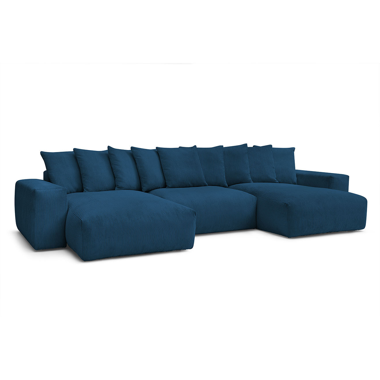 Bobochic Canapé panoramique fixe ultra moelleux voltaire velours côtelé bleu foncé - 420x174x75 cm