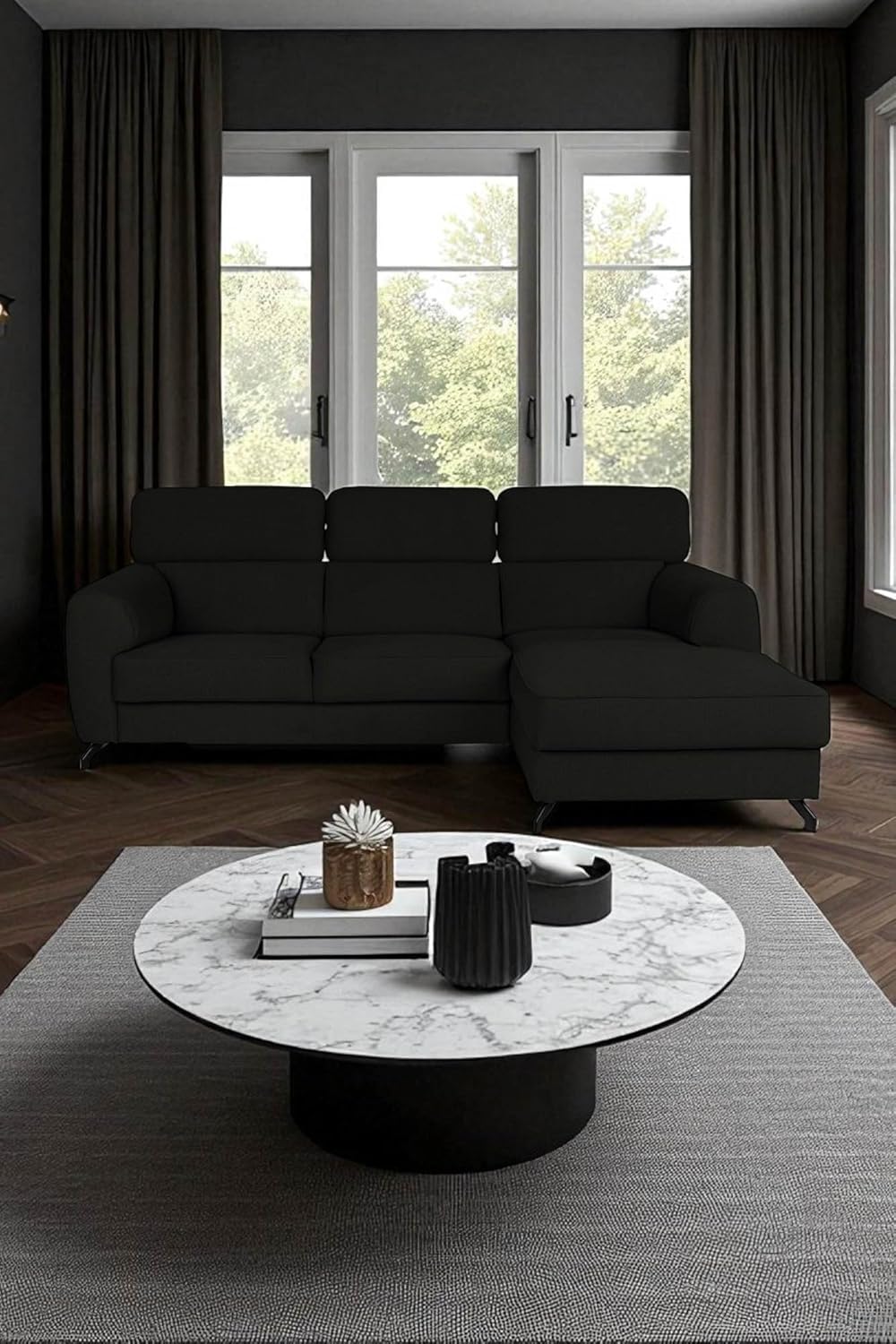 FENIKS Schlafsofa Ecksofa - L-Form - 250 x 172 x 101 cm - Sofa Pflegeleicht - Metallfüße - Rechts Compass Schwarz