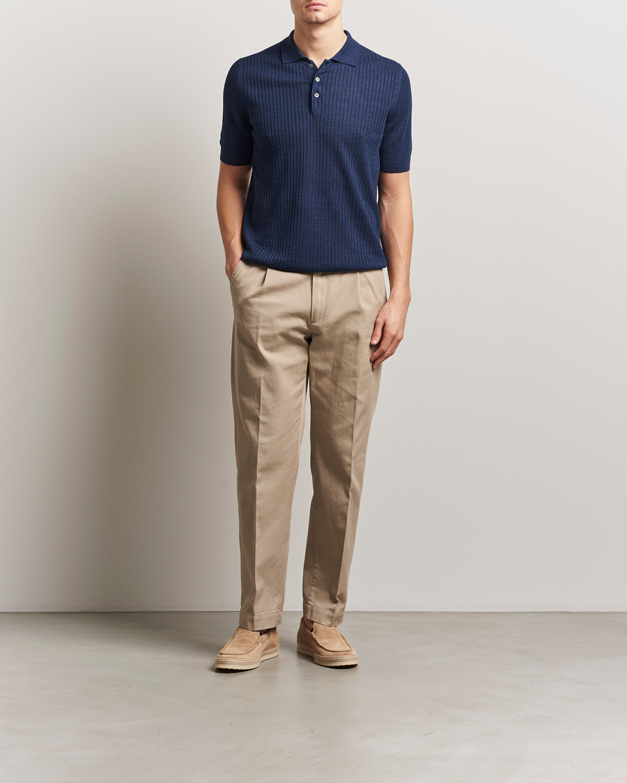 Gran Sasso Linen/Cotton Structured Knitted Polo Navy Melange