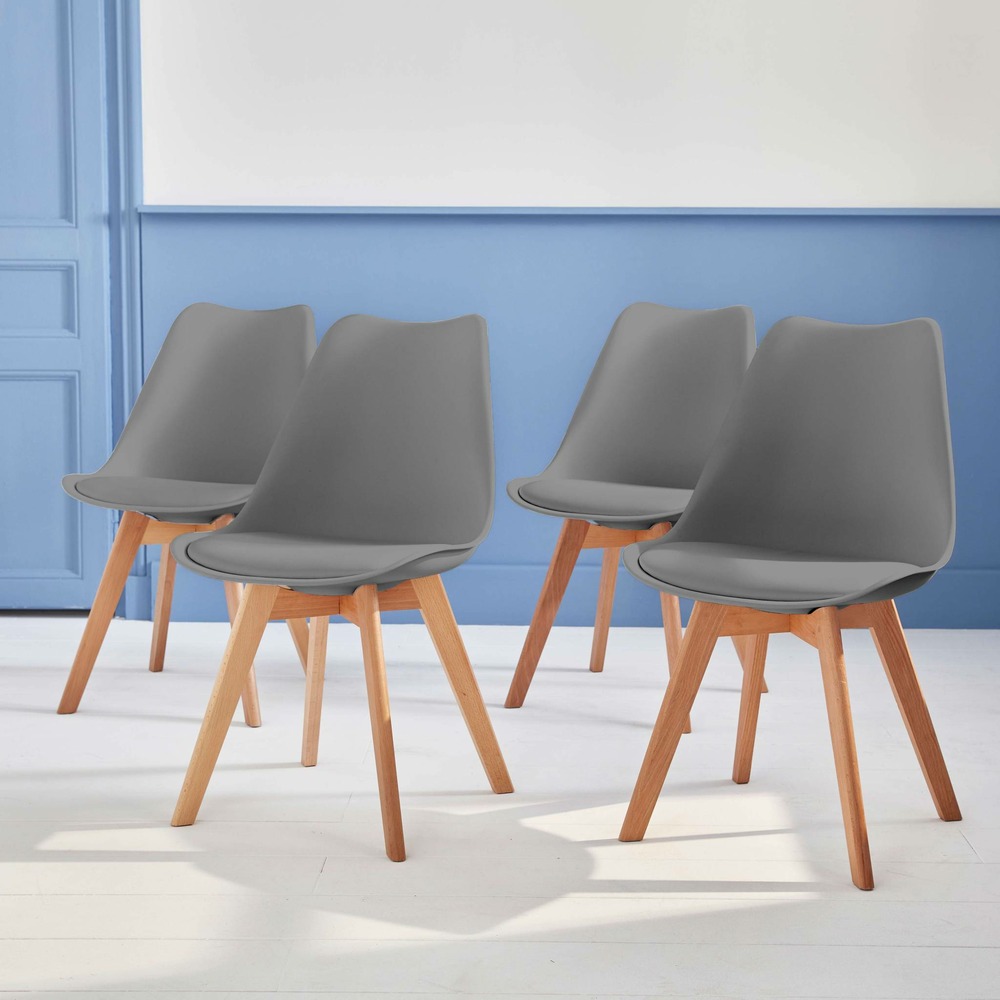 Lot de 4 chaises scandinaves. Pieds bois de hêtre. Chaises 1 place. Gris