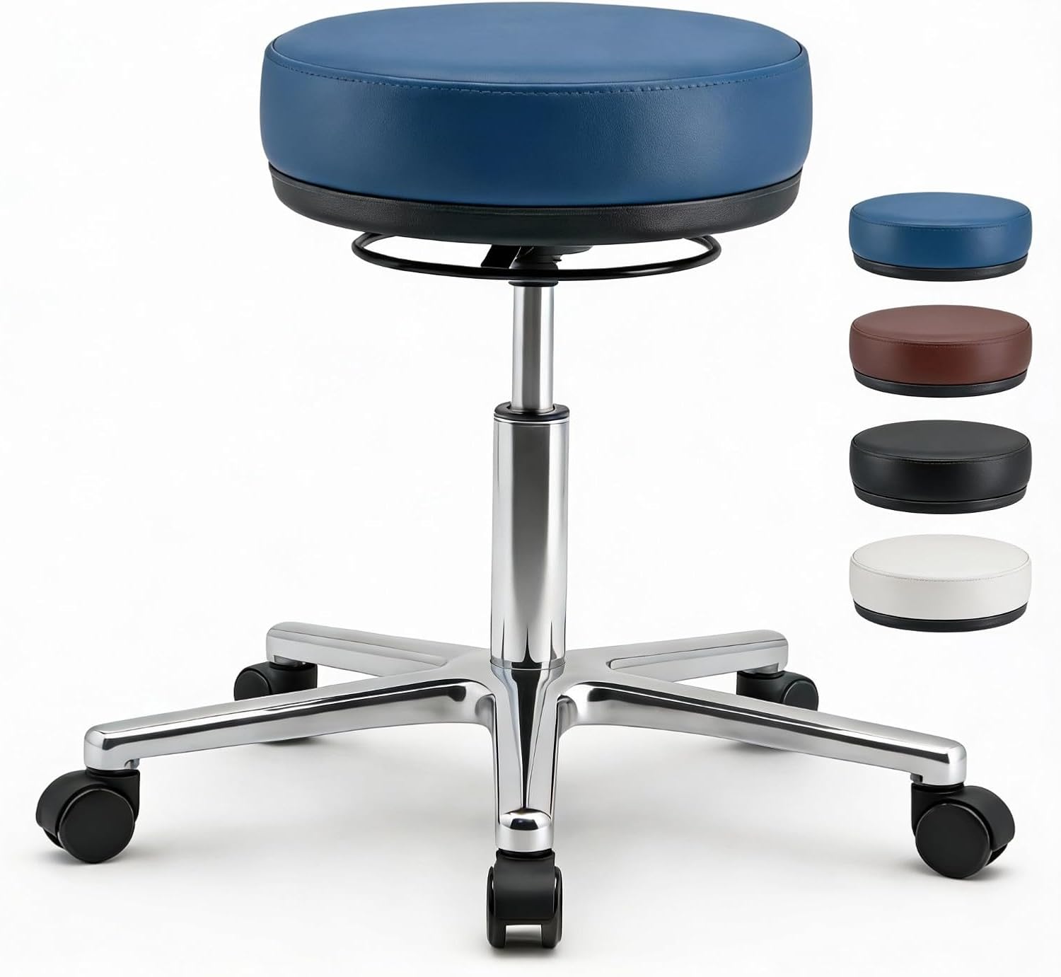 VERSEE Höhenverstellbarer Arbeitshocker LIBER aus Echt-Leder - Blau - Komfortable Polsterung - Belastbar bis 150kg - Ideal für Büro und Praxis
