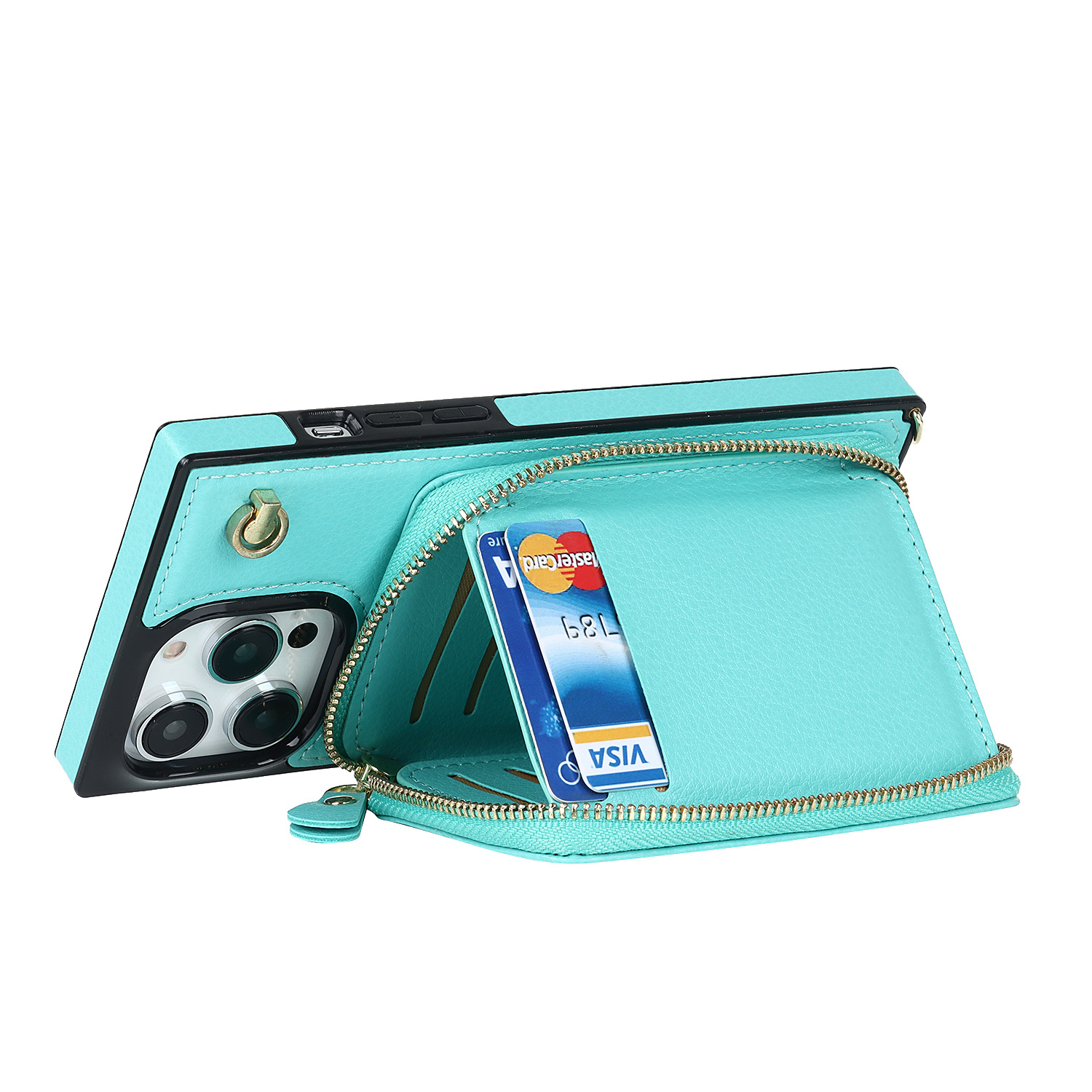 iPhone 15 Pro Necklace Leder Schutz Hülle mit Kartenfächer   Handykette (140cm) - Türkis