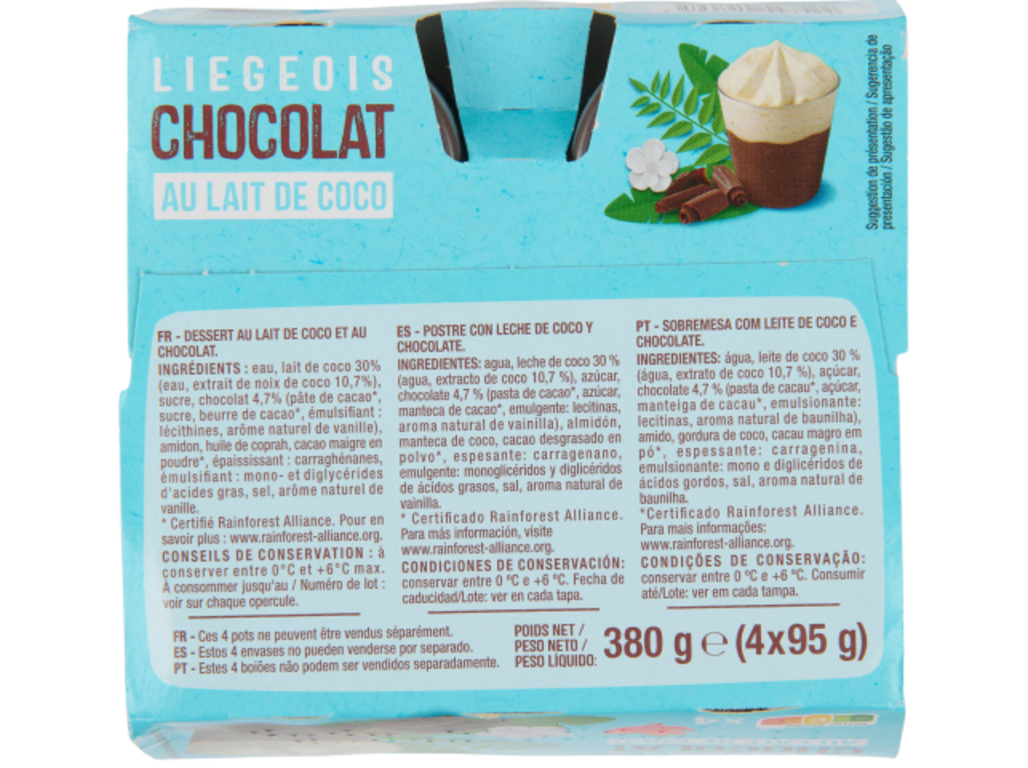 LIEGEOIS CHOCOLATE AUCHAN BASE LEITE DE COCO 4X95G