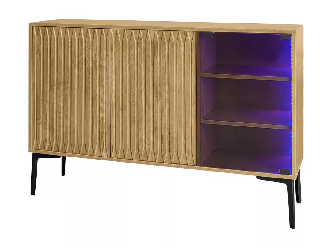 Buffet, meuble de salle de bain avec 3 portes - 120 x 35 x 80 cm - Bois MDF + verre - LEDs - Naturel