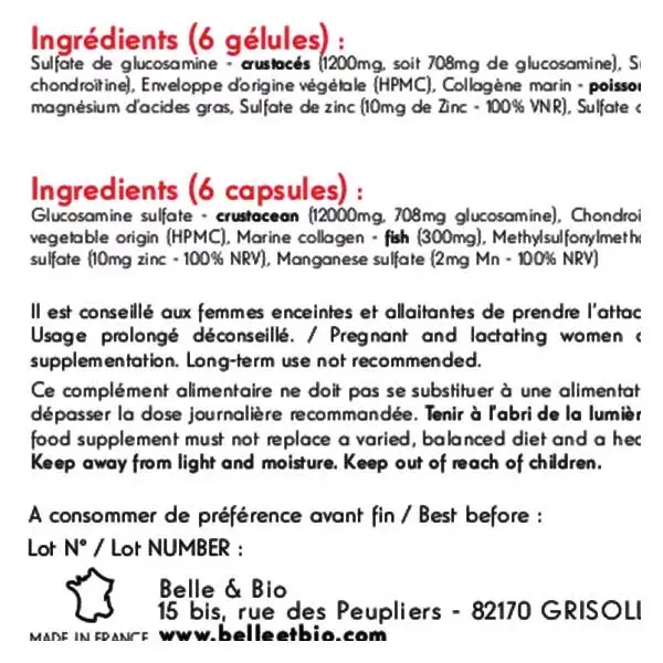 Belle & Bio Glucosamina e Condroitina 120 cápsulas
