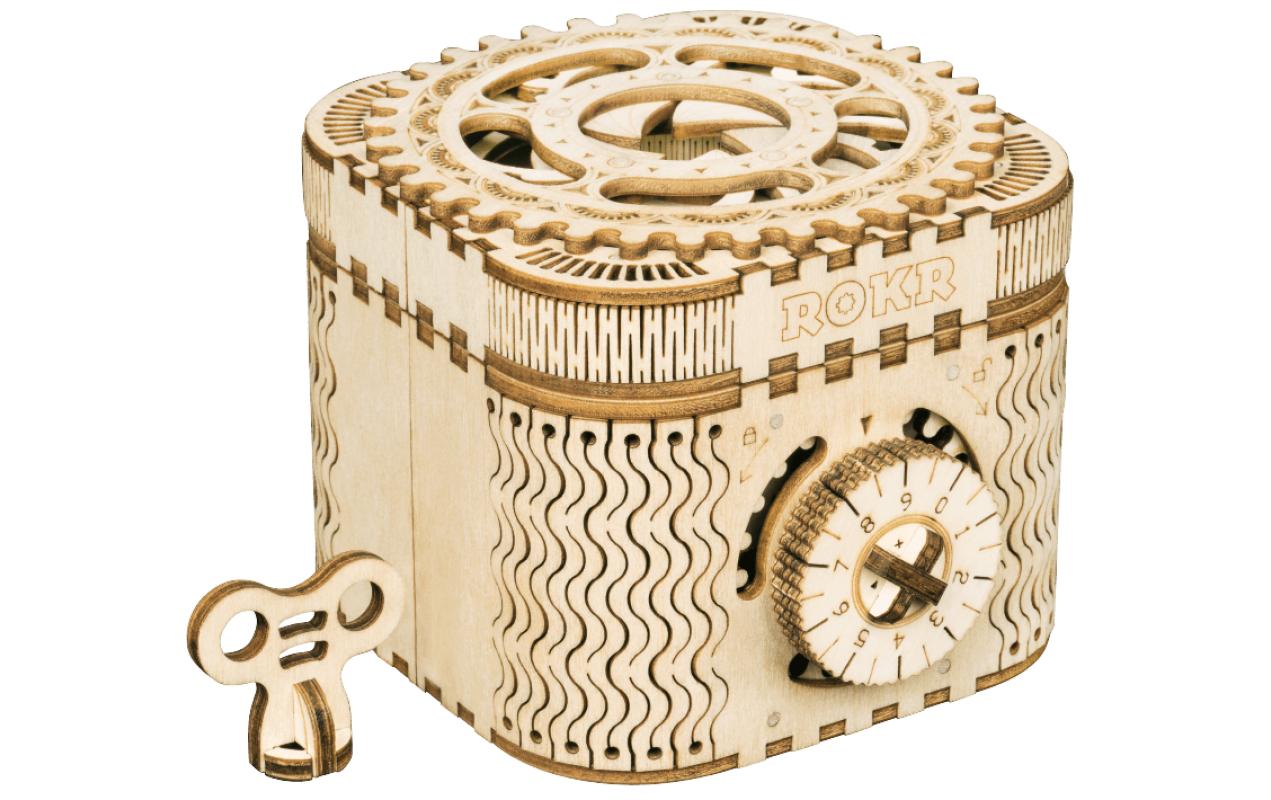 Bausatz Schatzkiste mit Federantrieb3D-Puzzle aus lasergeschnittenen Holzteilen