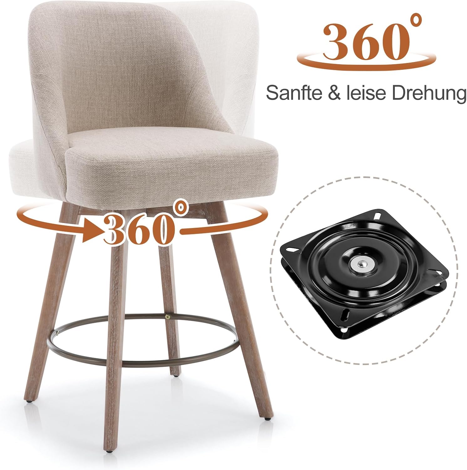 Bekrvio 360°Drehbarer Barhocker 2er Set,Barhocker mit Lehne 65cm Sitzhöhe,Tresenhocker Drehhocker,Küchenstühle mit Holzbeinen & Fußstütze,Komfortabler Barstuhl mit Gepolsterter (Milchig Braun, 2PCS)