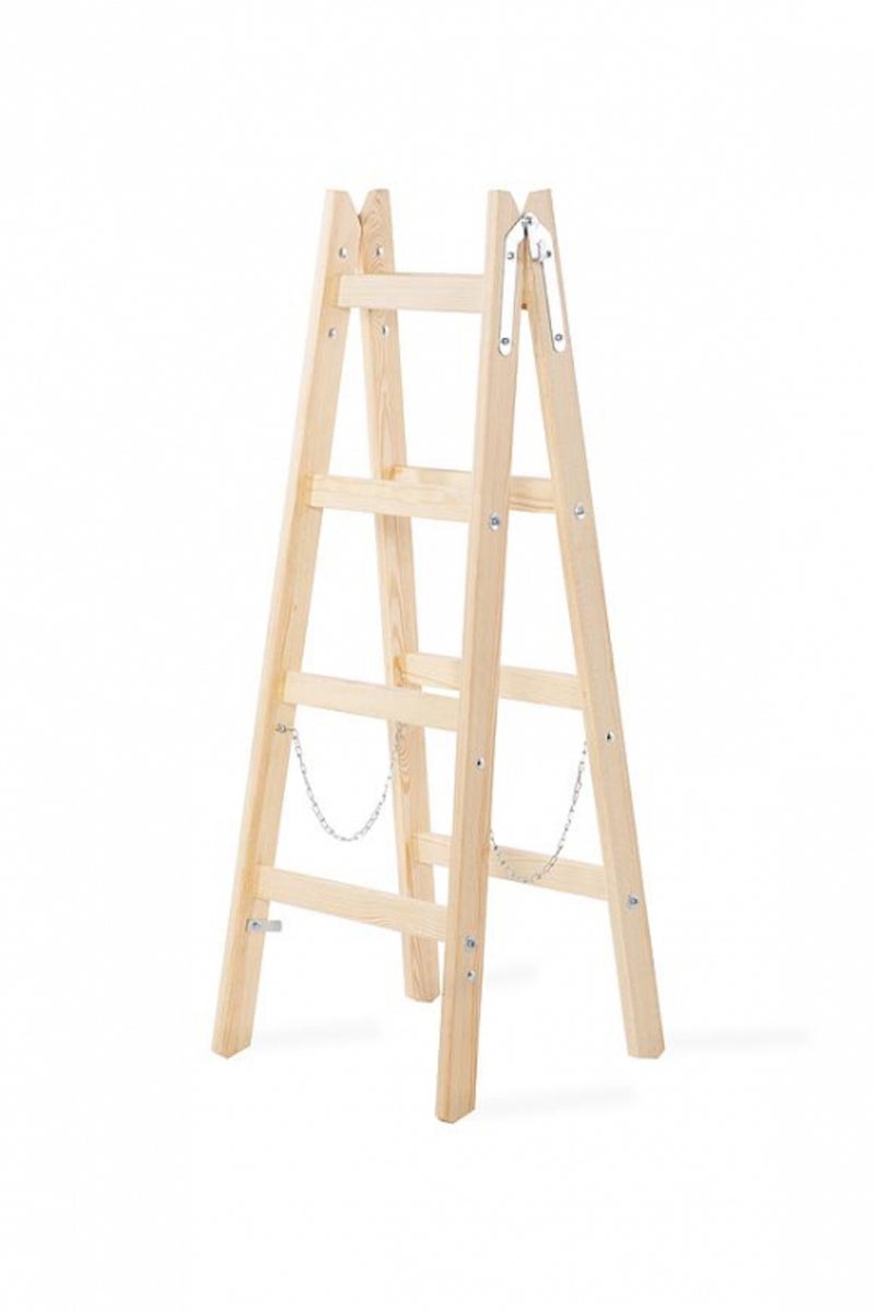 PROREGAL Houten Dubbele Giraf Houten Trapladder met Veiligheidsketting 2 x 4 Sporten 132 cm Hoge Trapladder T-bar Ladder Dubbele Sportladder