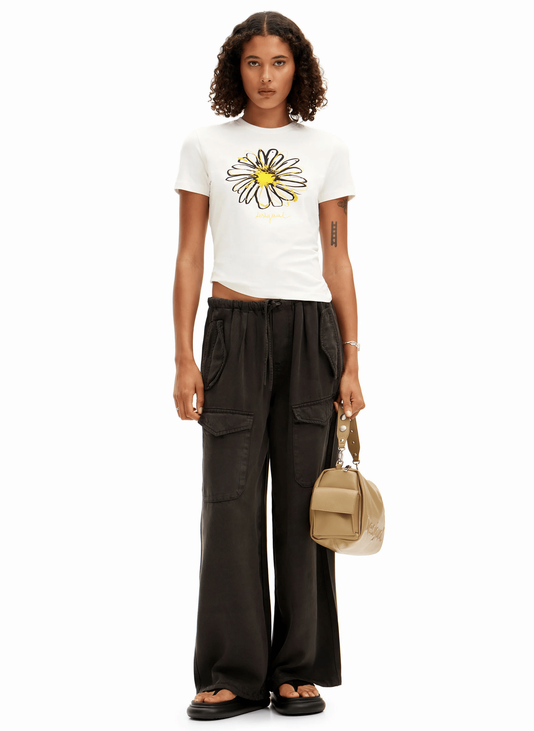 Tee-shirt droit col rond en coton imprimé | Blanc