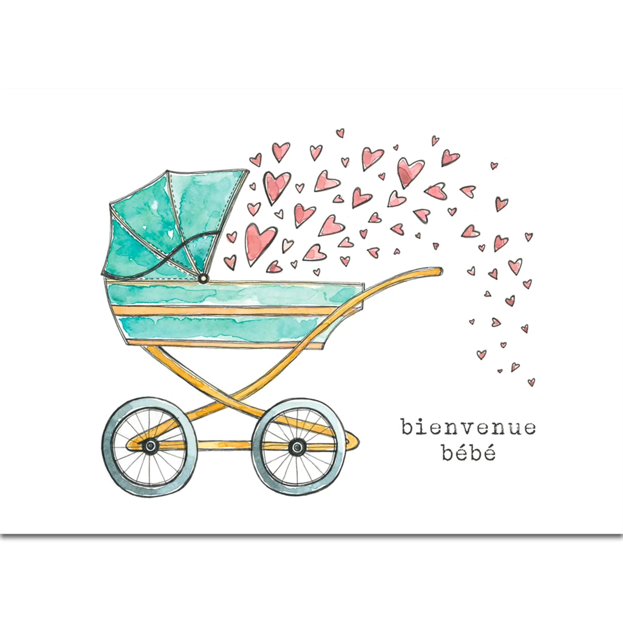Stéphanie Renière Illustration Carte de Souhait Bienvenue Bébé - Landau