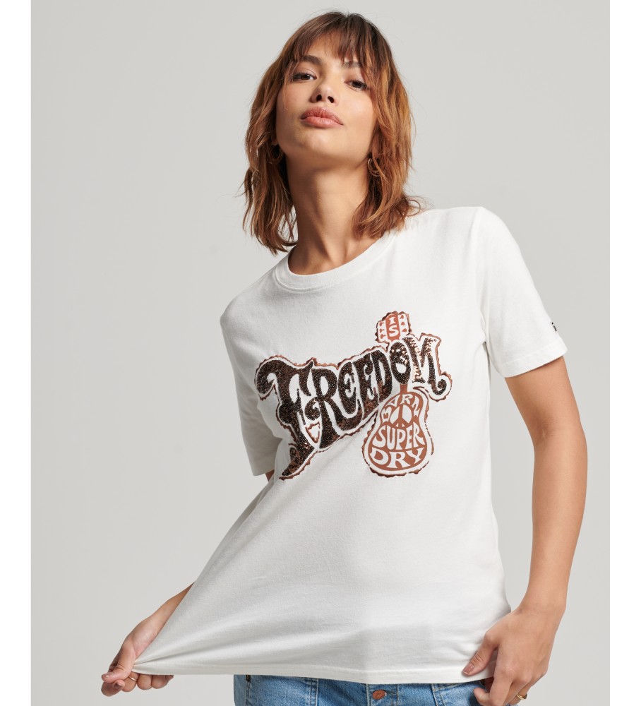 Camiseta Superdry com aplicações e logo vintage, logo branco.