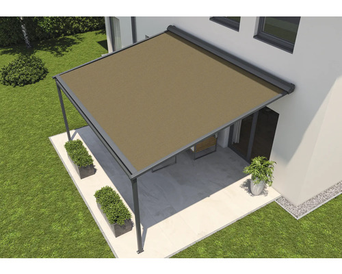 SOLUNA Pergola met stoffen dak 4x3, stoffen dessin S2838, frame RAL 7016 antracietgrijs, aandrijving links inclusief motor, wandschakelaar (wandmontage)