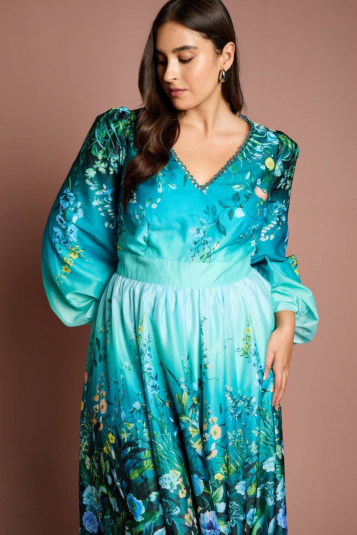 Coast Robe Midi Grande Taille à Col V et Manches Longues avec Imprimé Placé en Organza