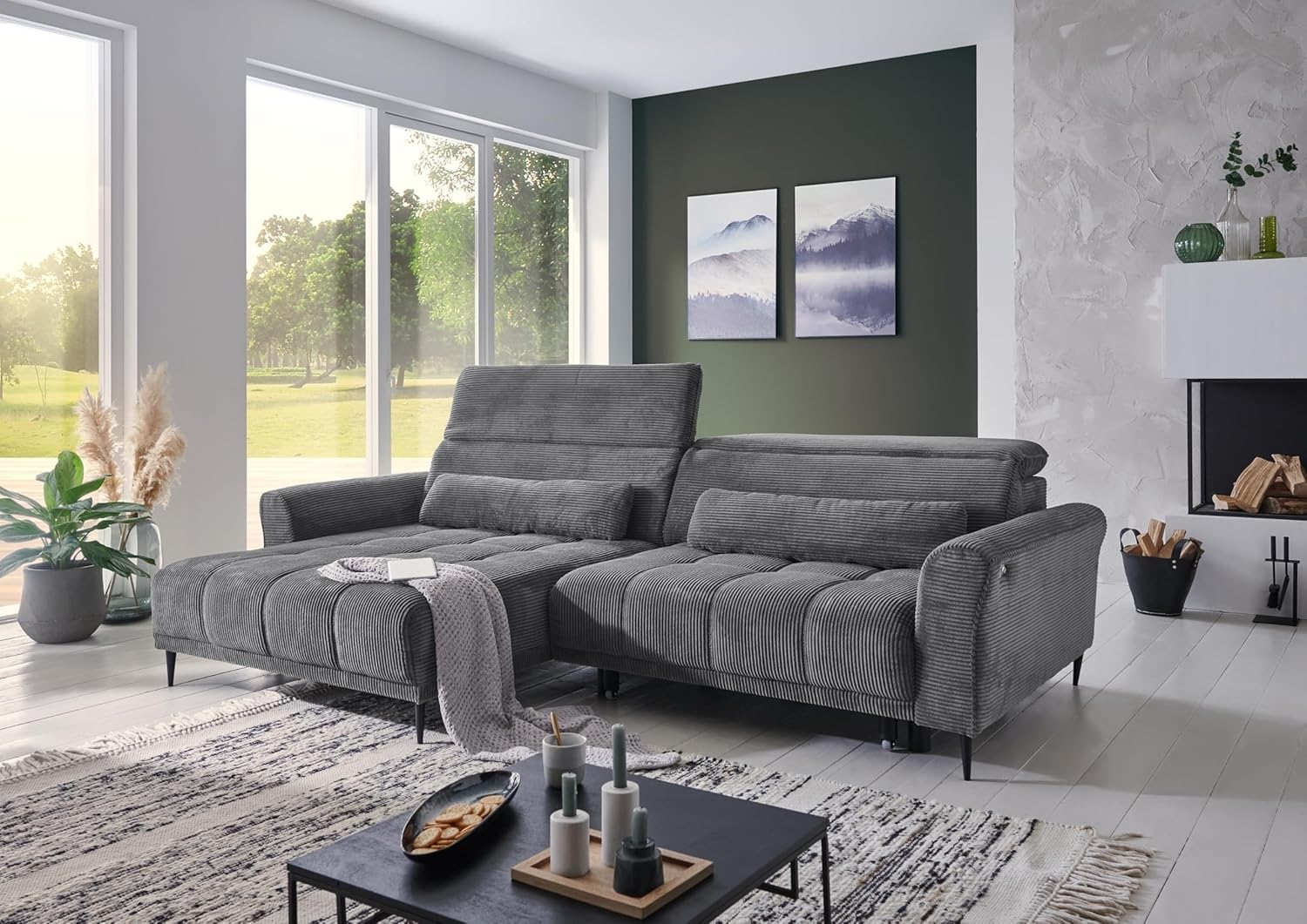 möbelando Wohnlandschaft >Wolve< elektr. Sitzverstellung, 2 Kissen, Cord grau - 277x108x179cm (BxHxT)