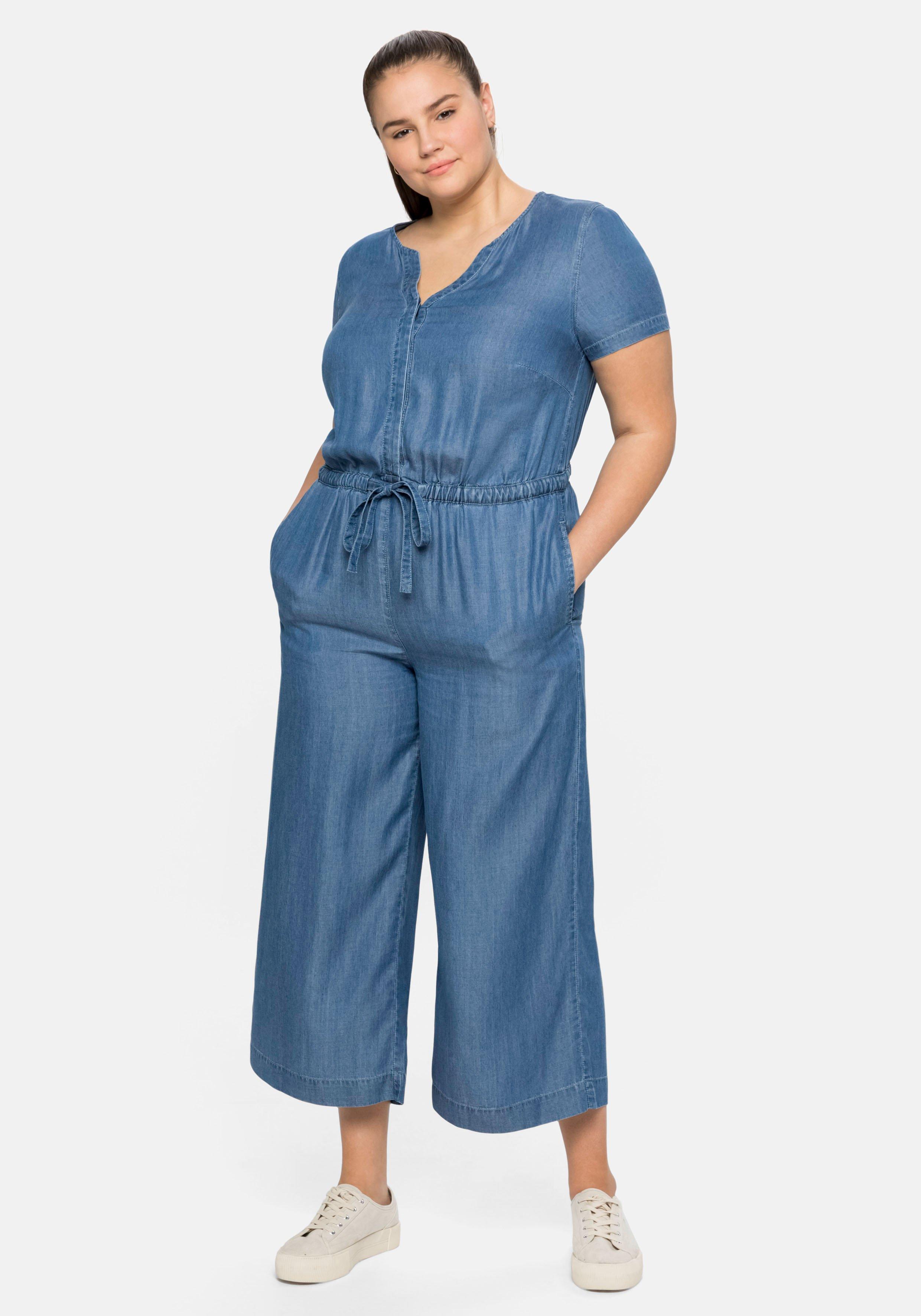 Overall in Denim-Optik, mit Taillen-Bindeband