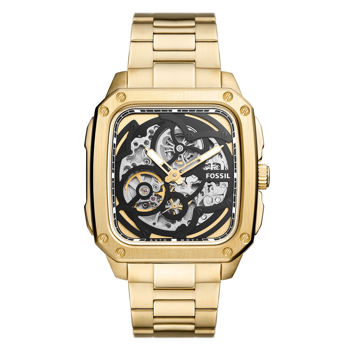 Montre Fossil automatique Inscription acier dore