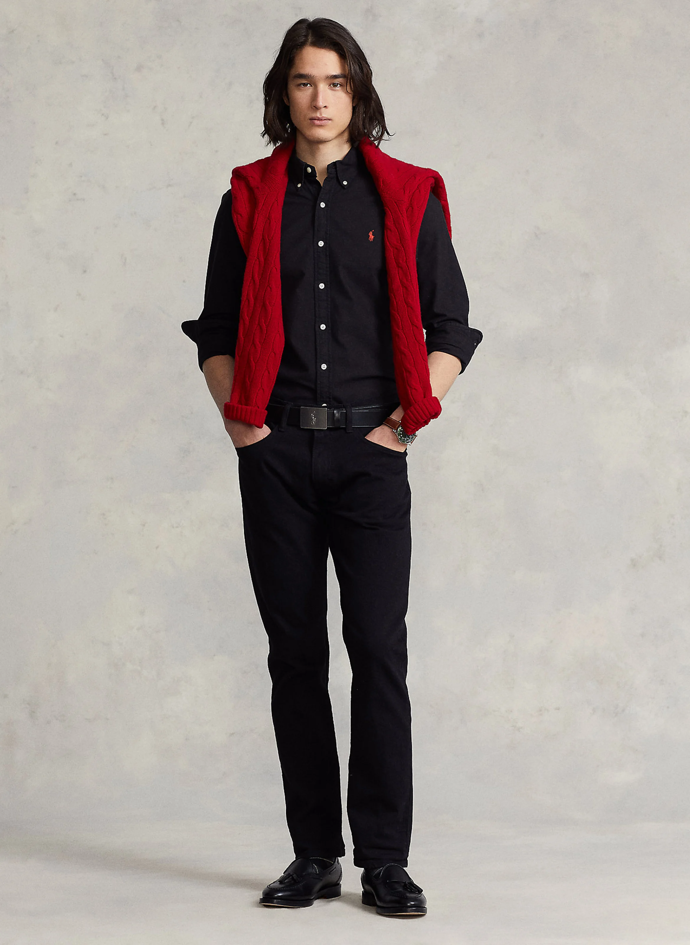 Chemise col classique slim-fit brodée en coton | Noir