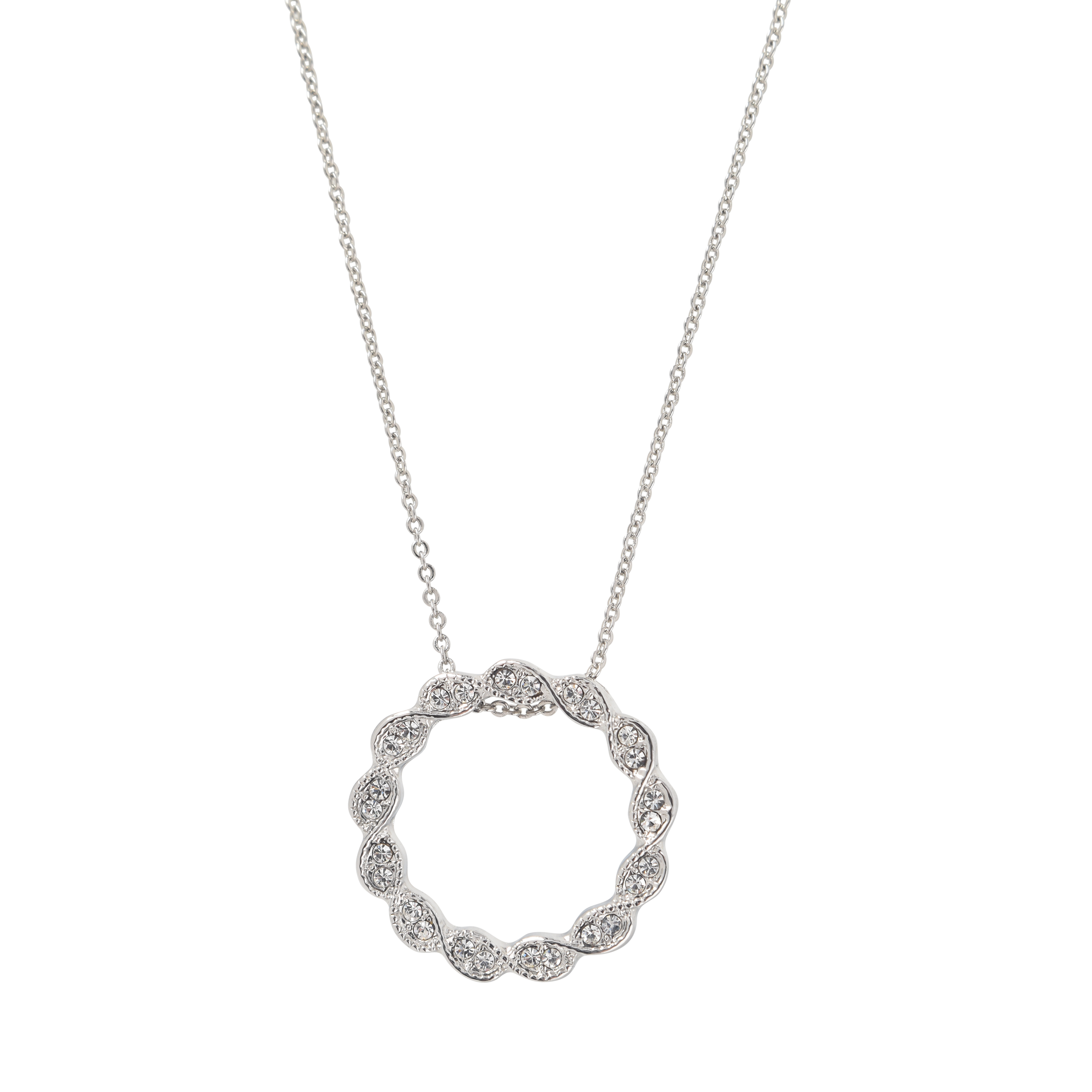 (48cm) Damen Halskette mit Strass Stein Anhänger Kreis - Silber