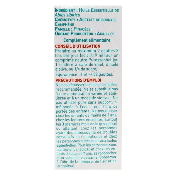 Óleo Essencial de Abeto Siberiano Orgânico Puressentiel 10ml