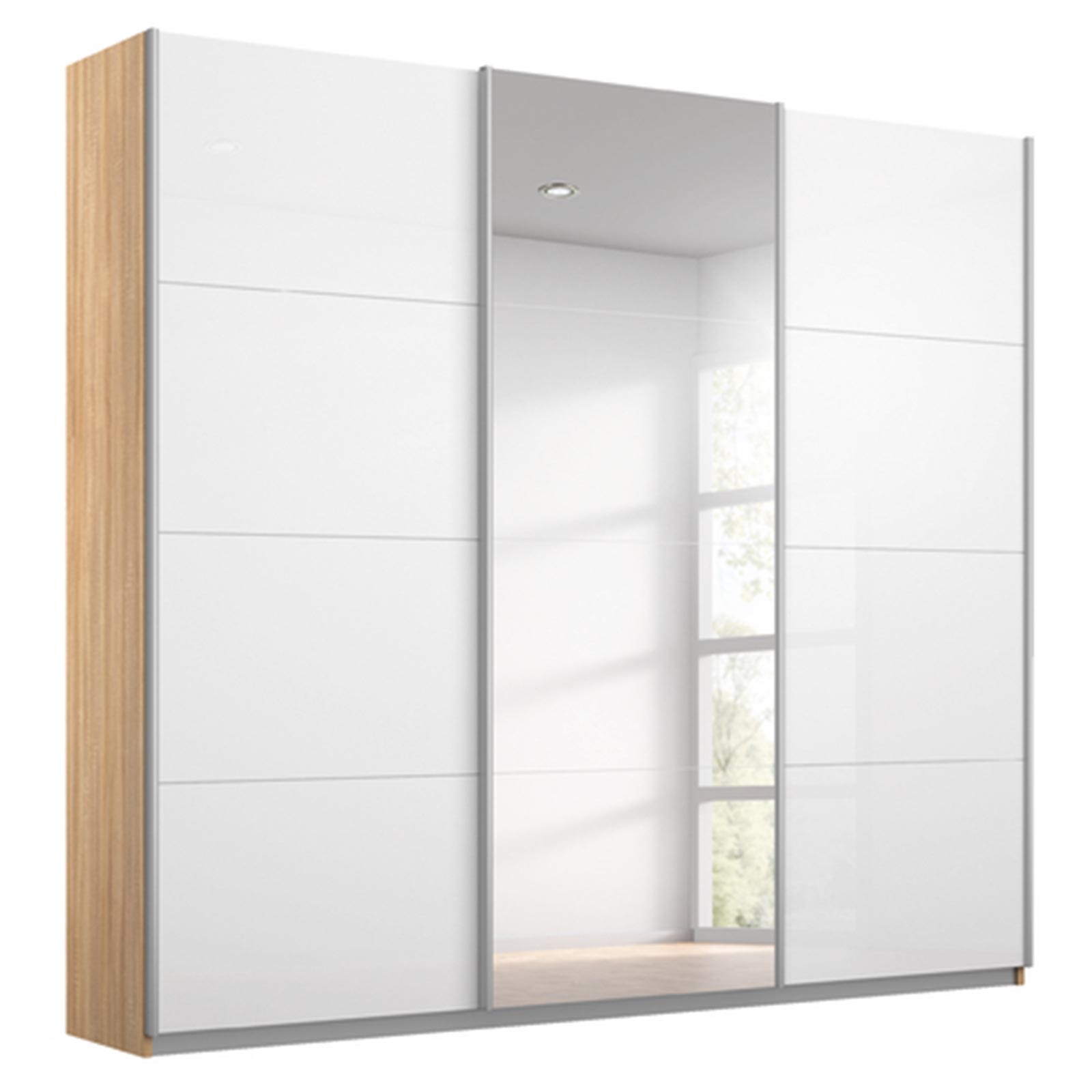 Schwebetürenschrank - weiß Hochglanz - Eiche Sonoma - mit Spiegel - 203x210 cm