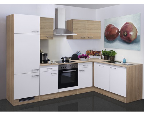 Flex Well hoekkeuken met apparatuur Samoa 280 cm wit sonoma eiken mat gedemonteerde variant omkeerbaar 00010794