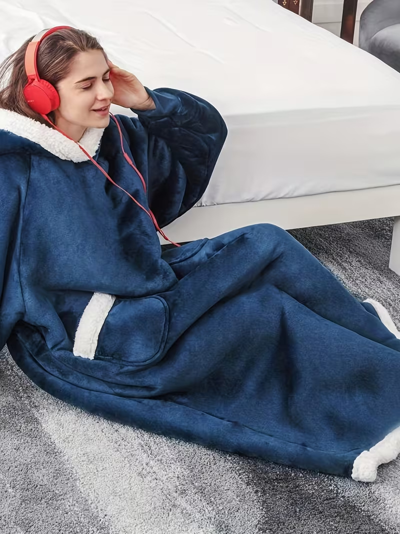 (150cm) Oversized Pullover Kuschel Decken Sweater Langer Hoodie mit 2 Seitentaschen (One Size) - Blau