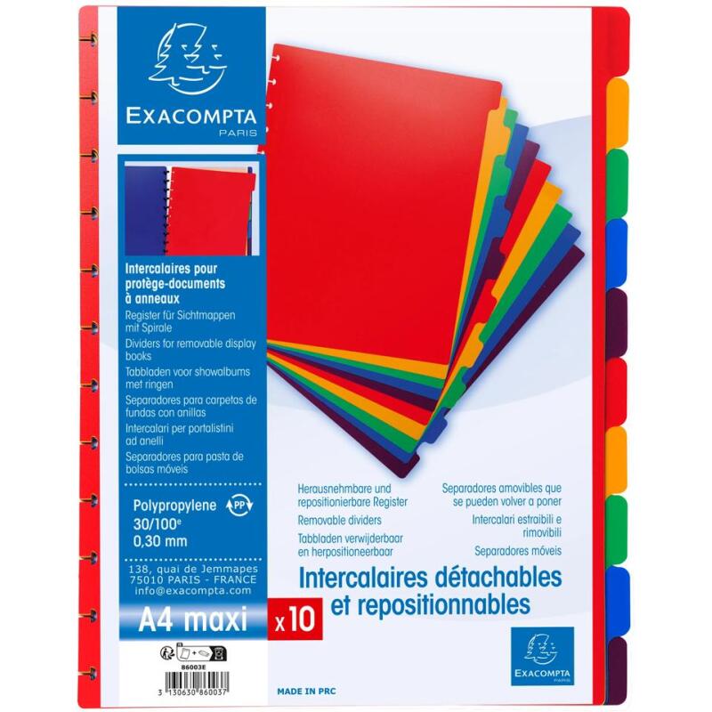 Intercalaires polypropylènes couleurs 10 positions pour porte-vues à anneaux - Couleurs assorties
