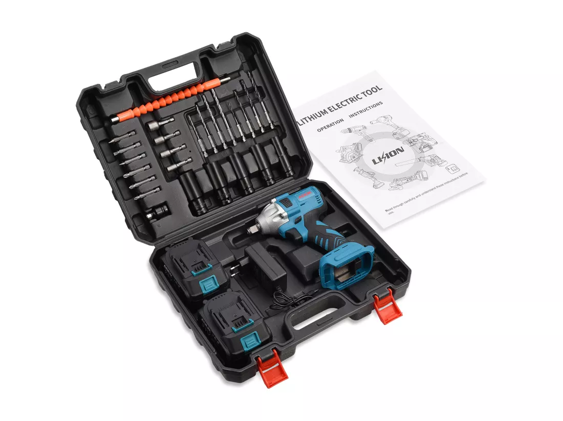 Clé à chocs, batterie 21 V 3,0 Ah, clé à chocs sans balais, boulons de roue, boîte de 25 accessoires – Bleu
