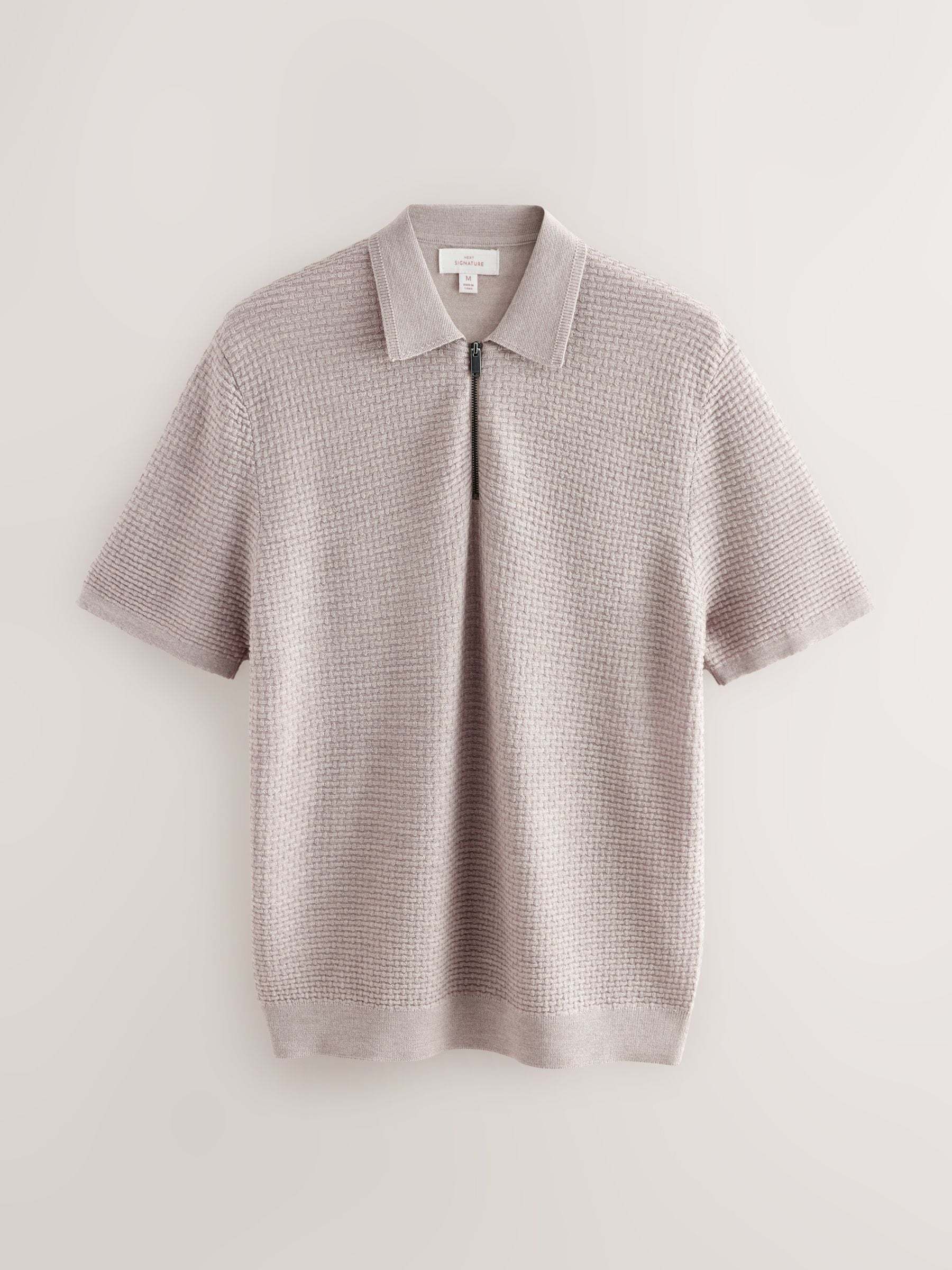 Neutraal - Regular Fit Signature 100% Merino Wol Textuur Korte Mouw Kwart Ritssluiting Gebreid Poloshirt