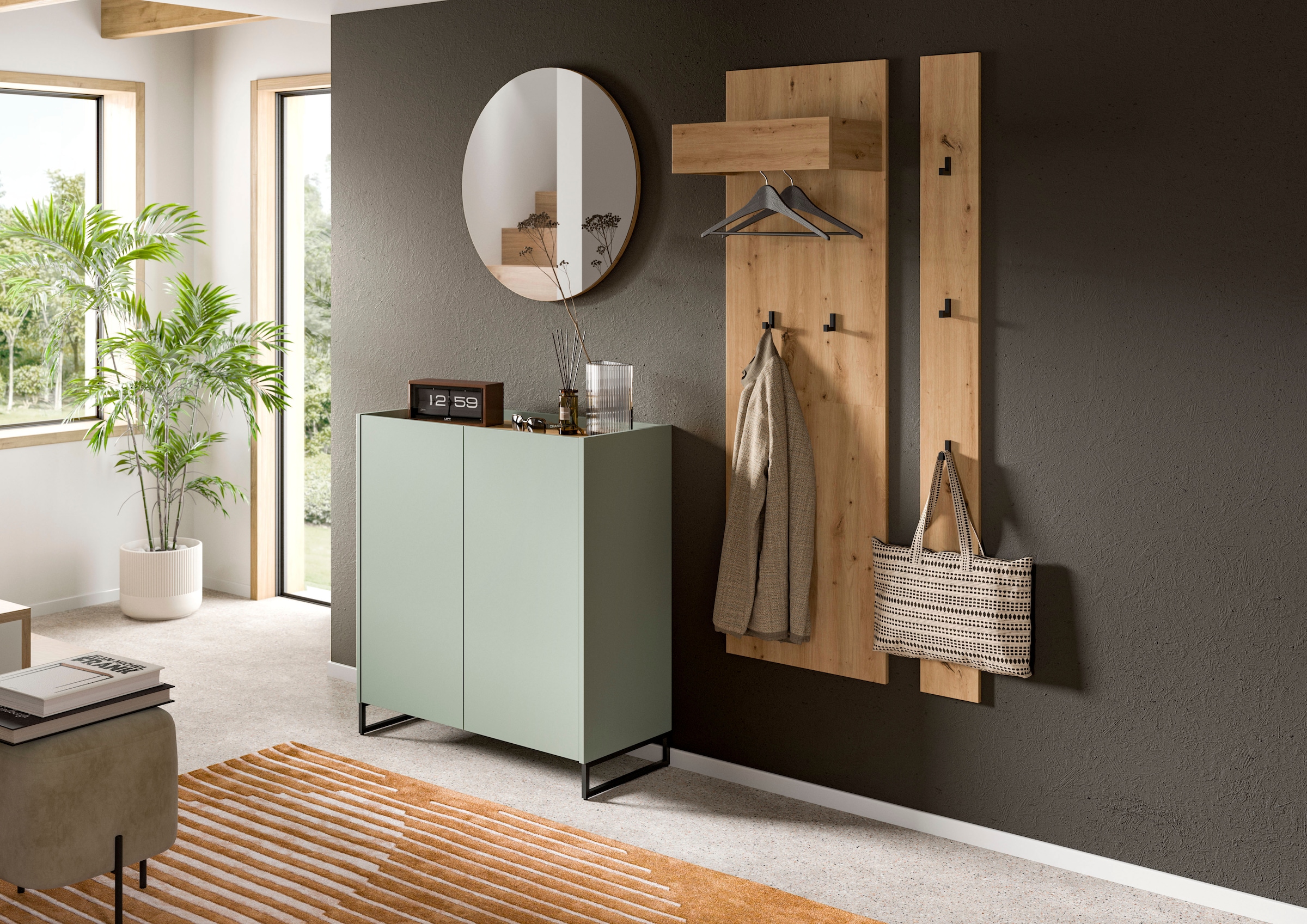INOSIGN Garderoben-Set »EVRID, 4-teilig, Breite 206 cm, individuell stellbar & erweiterbar« best. aus: Kommode, Spiegel, Garderobenpaneel & Hakenleiste, 4 Stk. tlg.