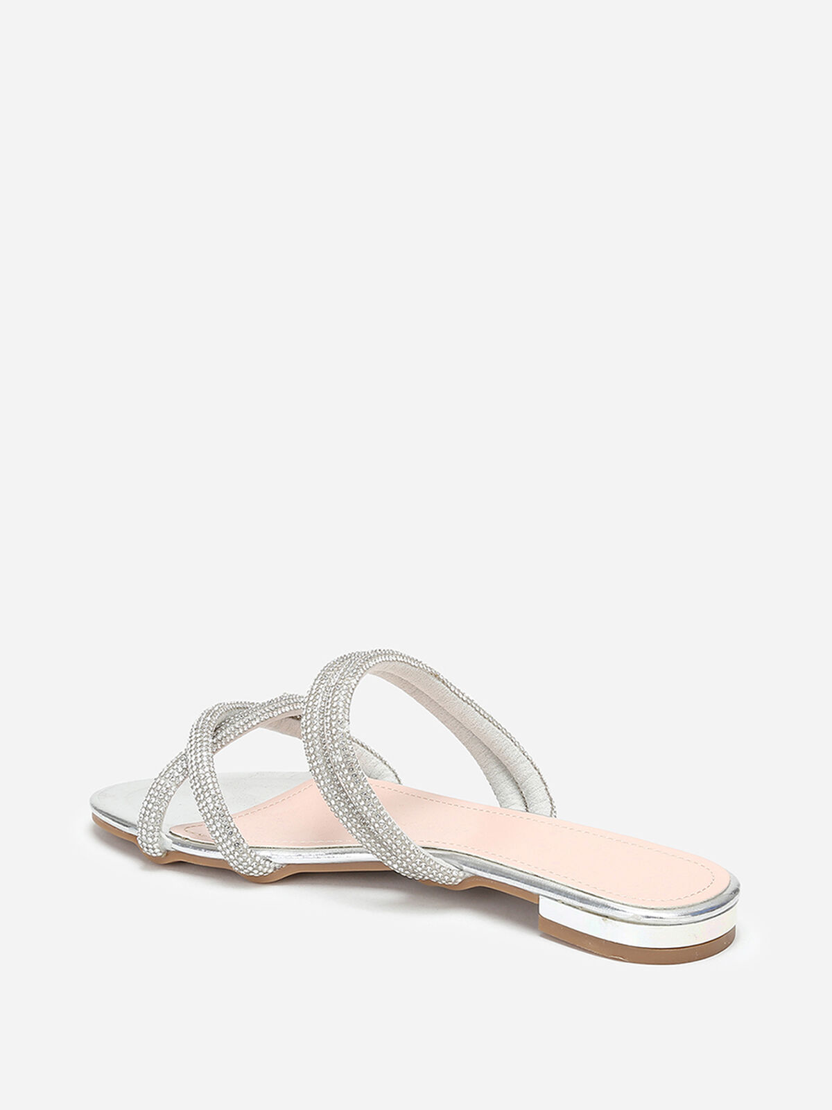 Mules plates à multi-brides en strass- Argenté