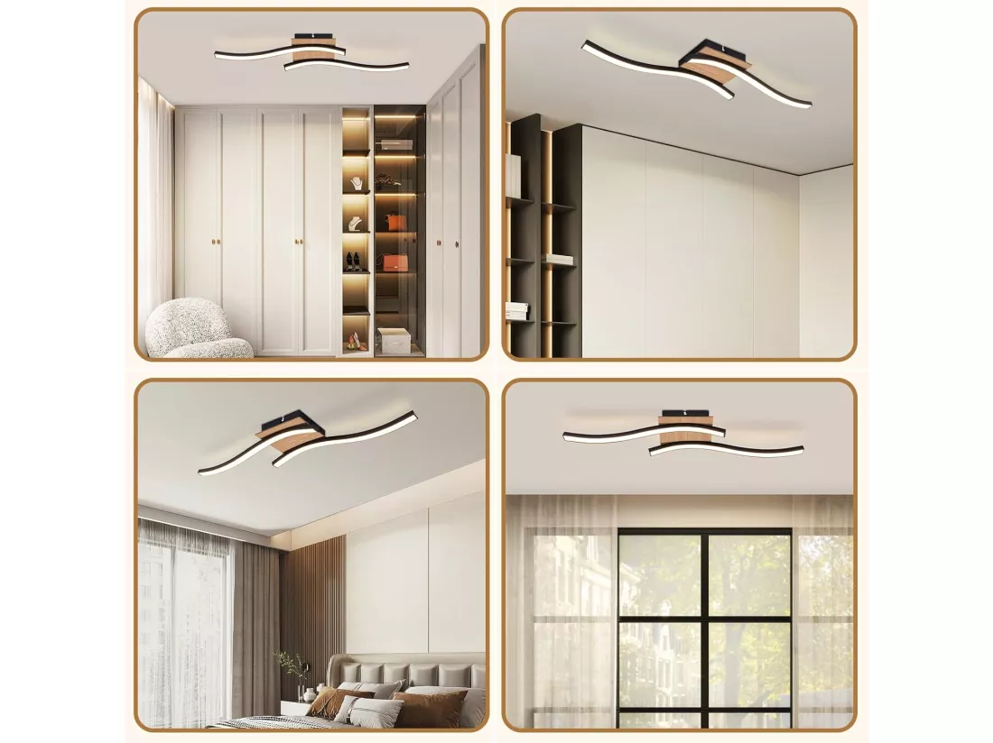 NETTLIFE plafonnier LED 12W bois 3000K blanc chaud design moderne métal noir