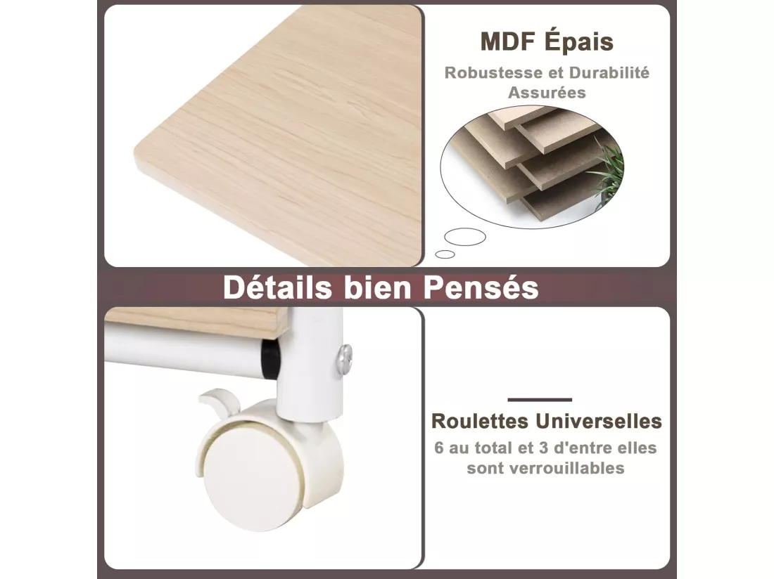 Bureau Pliable avec 3 Tiroirs, Table d'Écriture Roues Verrouillables, Bureau à Domicile Roulant avec Cadre en Métal, Bureau Compact pour Dortoir, Appartement Naturel