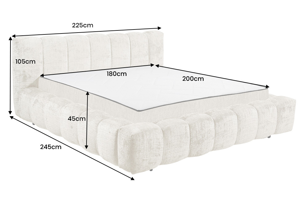 Design Polsterbett DIAMOND 180x200cm weiß Chenille Cremona inkl. Matratze Topper Lattenrost