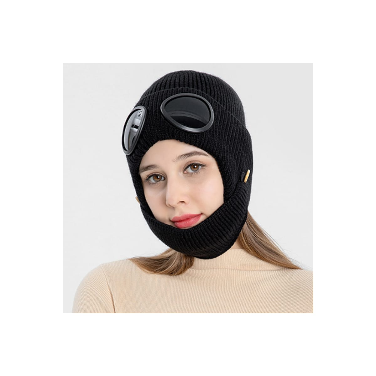 Strikket lue lue med goggles maske Sort