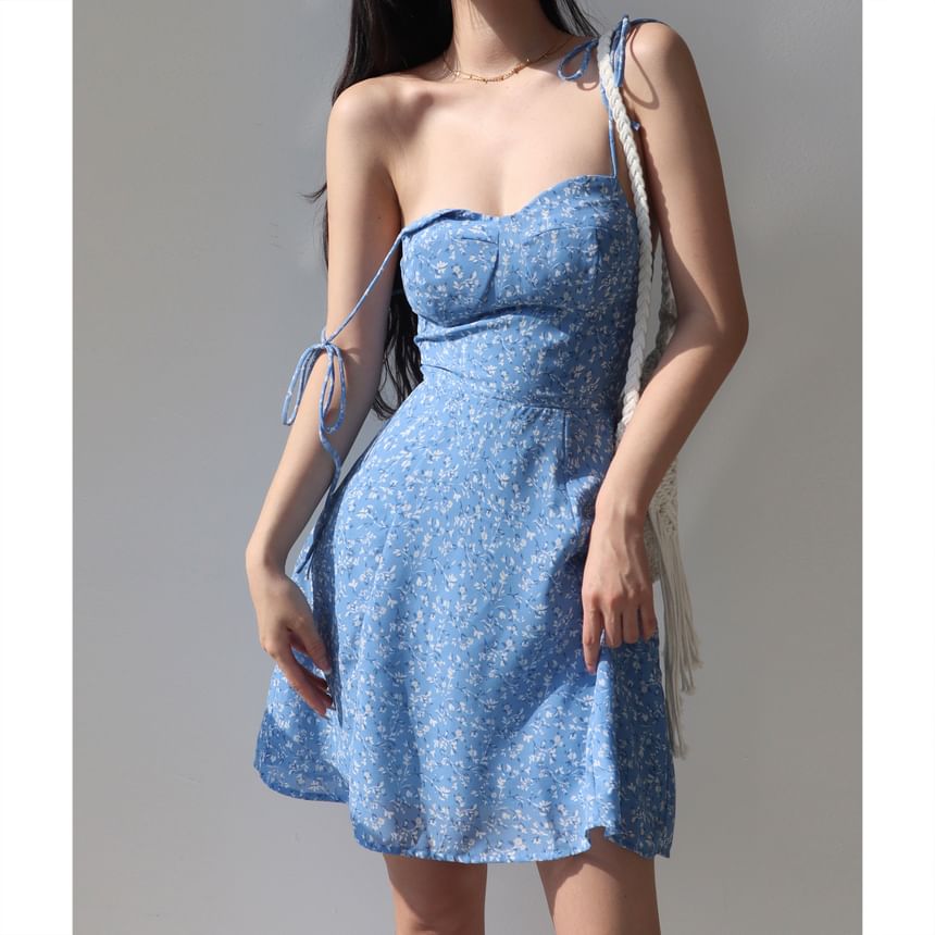 Elbelier - Spaghettibandjes Sweetheart Hals Bloemenprint A-lijn Mini Jurk
