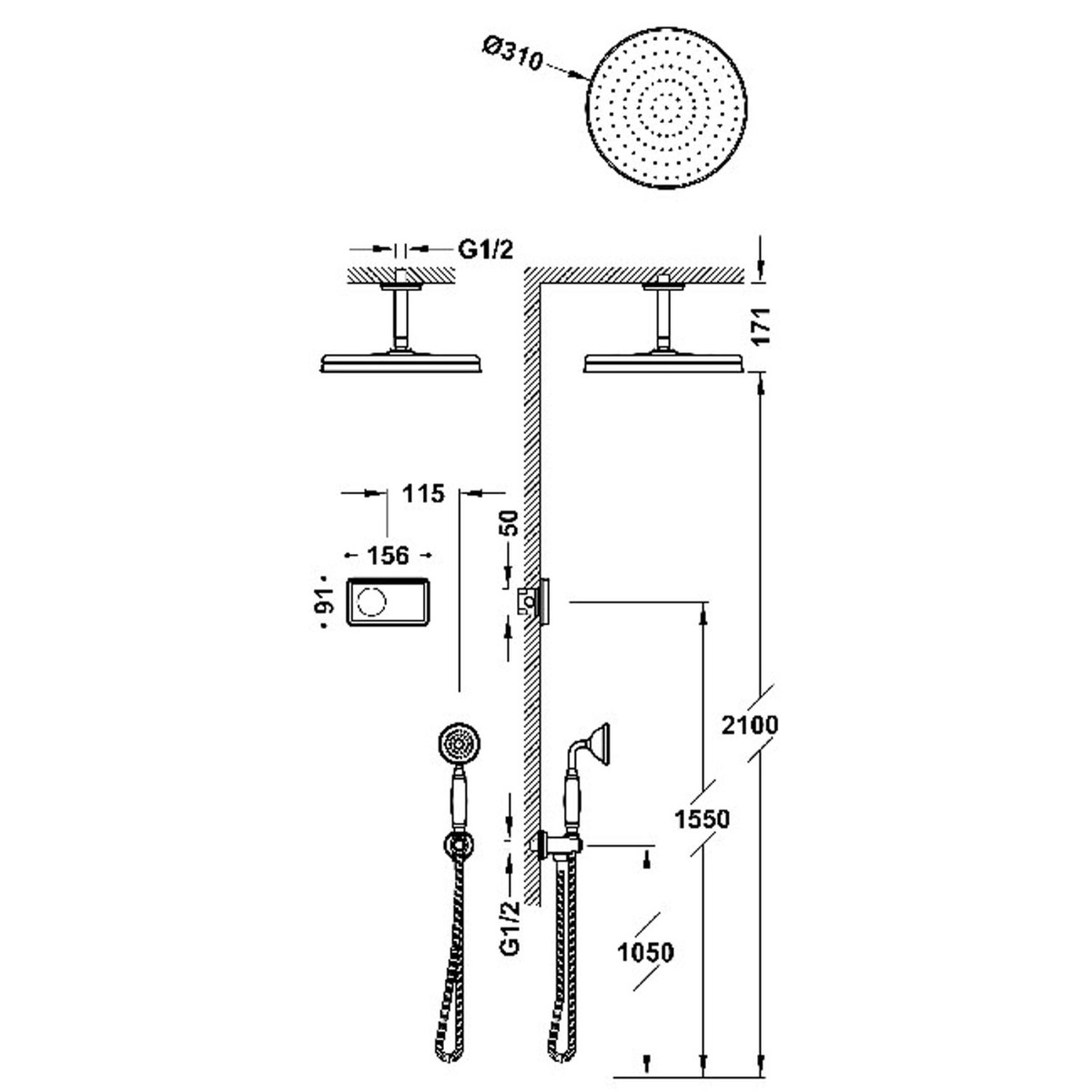 Tres Shower Technology Clasic elektronische inbouwthermostaat met regendouche en handdouche plafondmontage goud