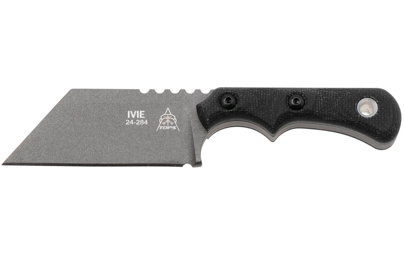 TOPS Knives Ivie IV-01, 1095 Tungsten Cerakote, Black Canvas Micarta, nekmes, Cody Ivie design