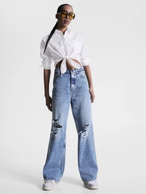 Camisa cropped de popeline com nó frontal
