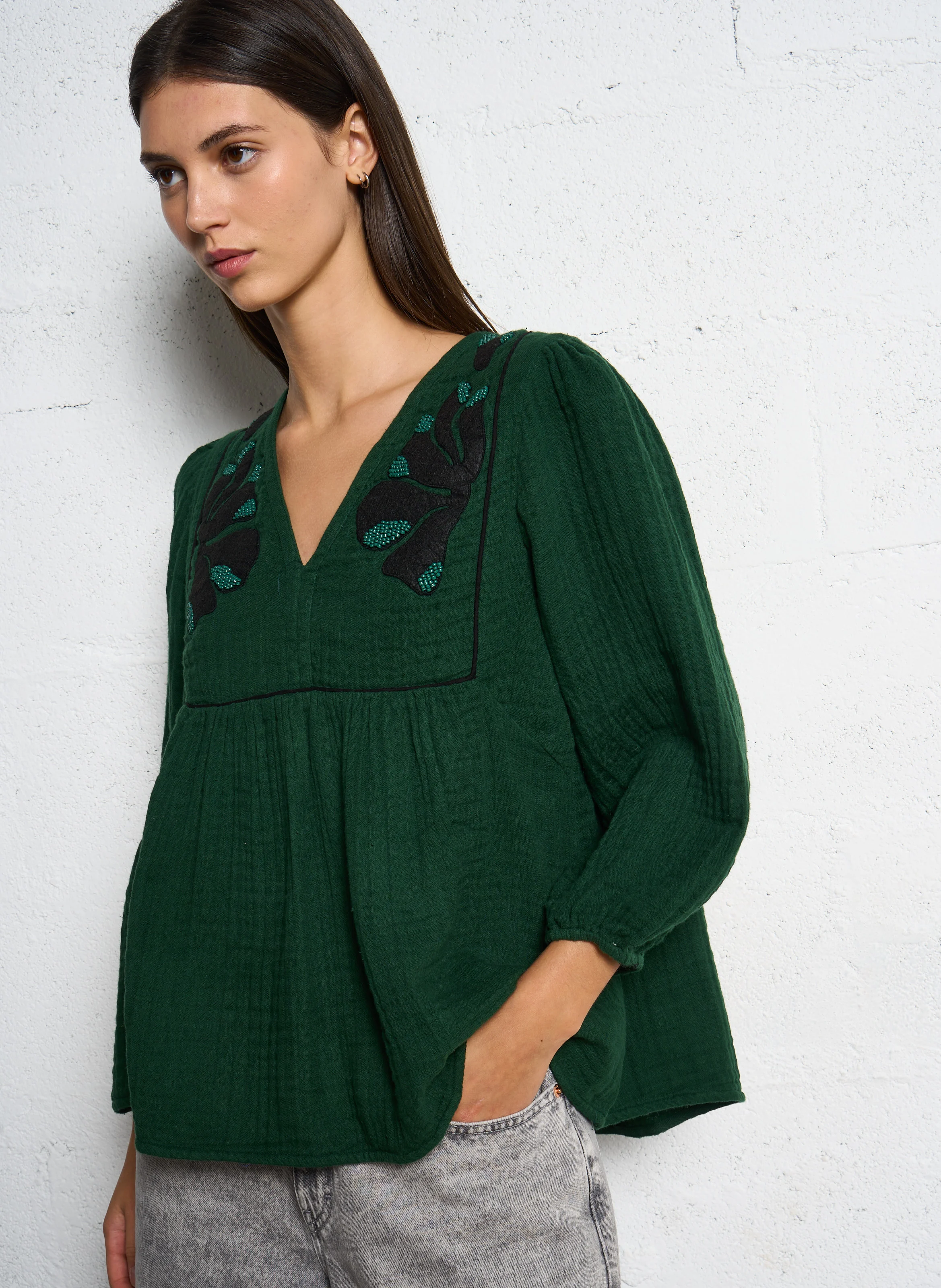 COMBO - Blouse ample col V en coton bio | Vert