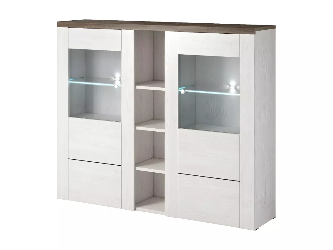 Vaisselier design 2 portes pour salon couleur blanc effet bois et chêne. Collection SANTIAGO.