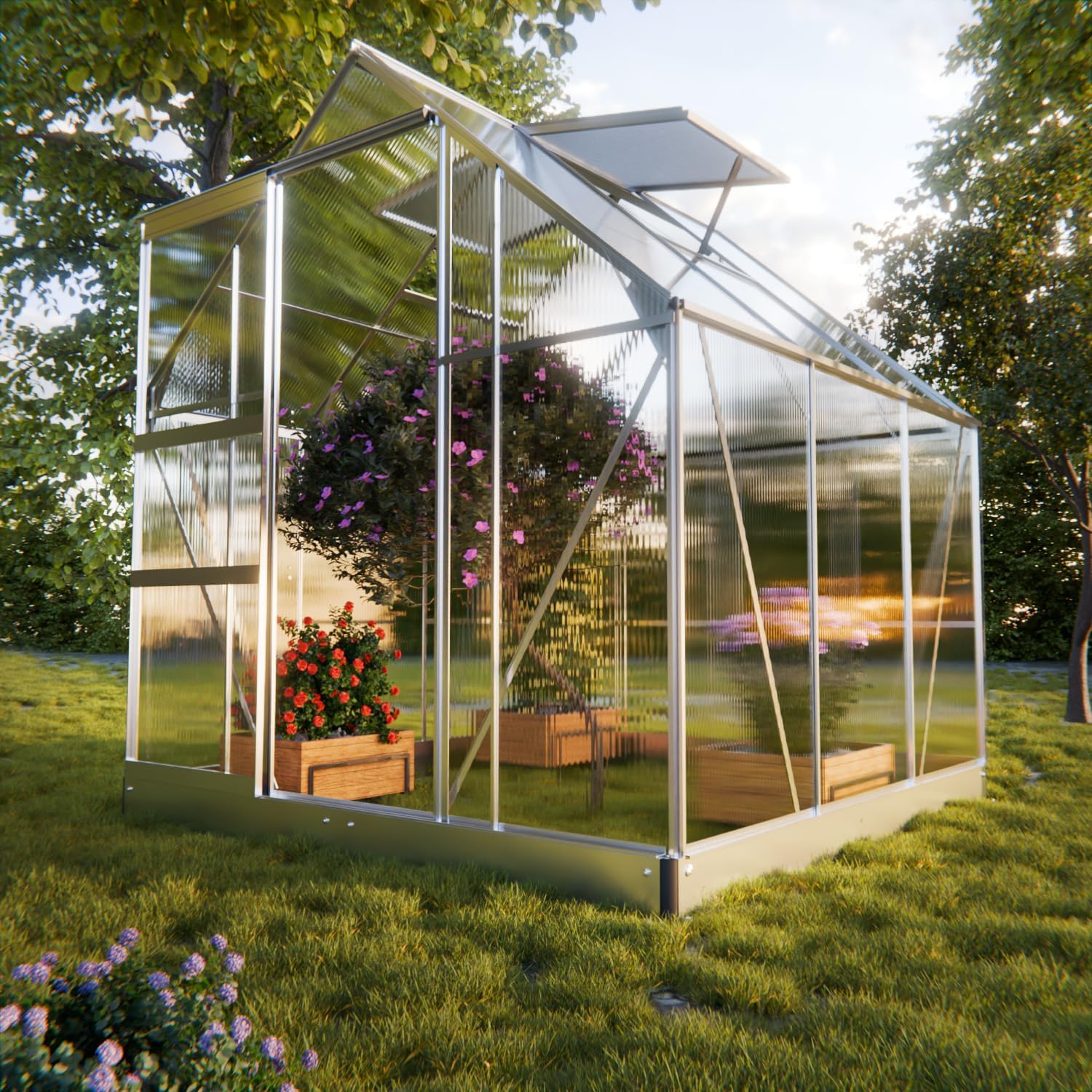 Gewächshaus Cuneo 190x190cm für den Garten, Alu Frühbeet inklusive Fundament, 2 Dachfenster Treibhaus Aufzucht Pflanzenhaus Tomatenhaus 3,7m² UV-Schutz